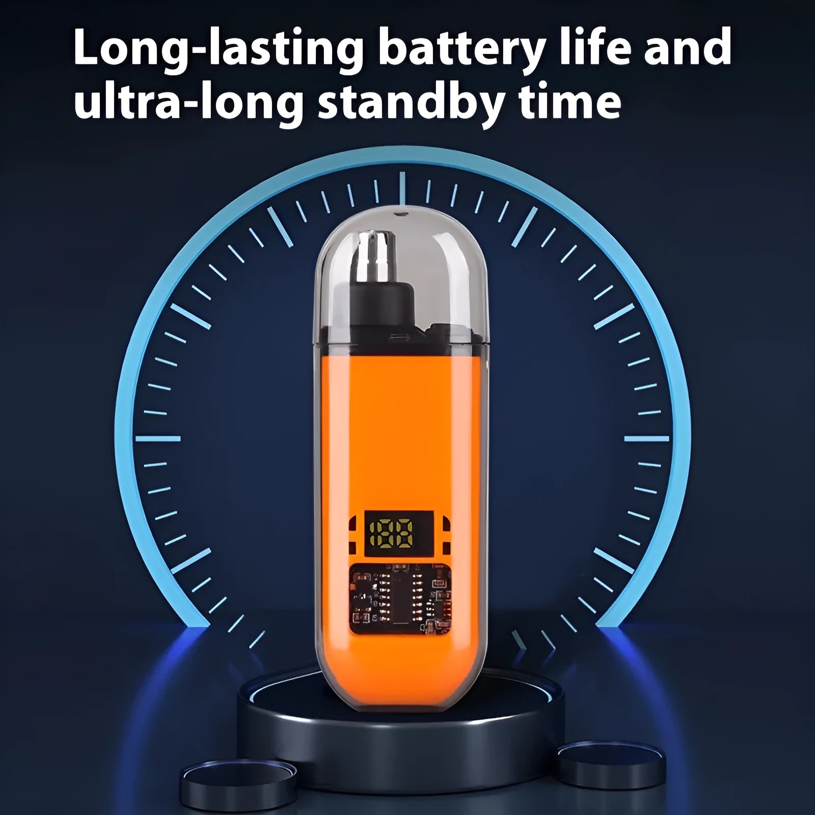 Rechargeable nose hair trimmer with digital display in black, blue, or orange colours