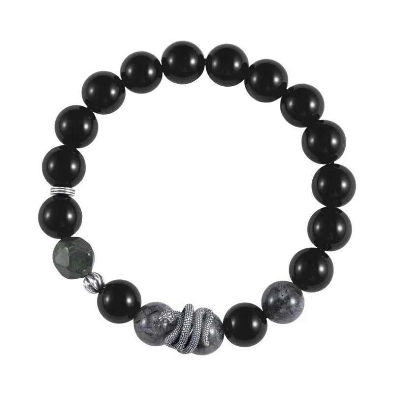 Men's S925 sterling silver bracelet with obsidian black crystal beads and snake zodiac modelling