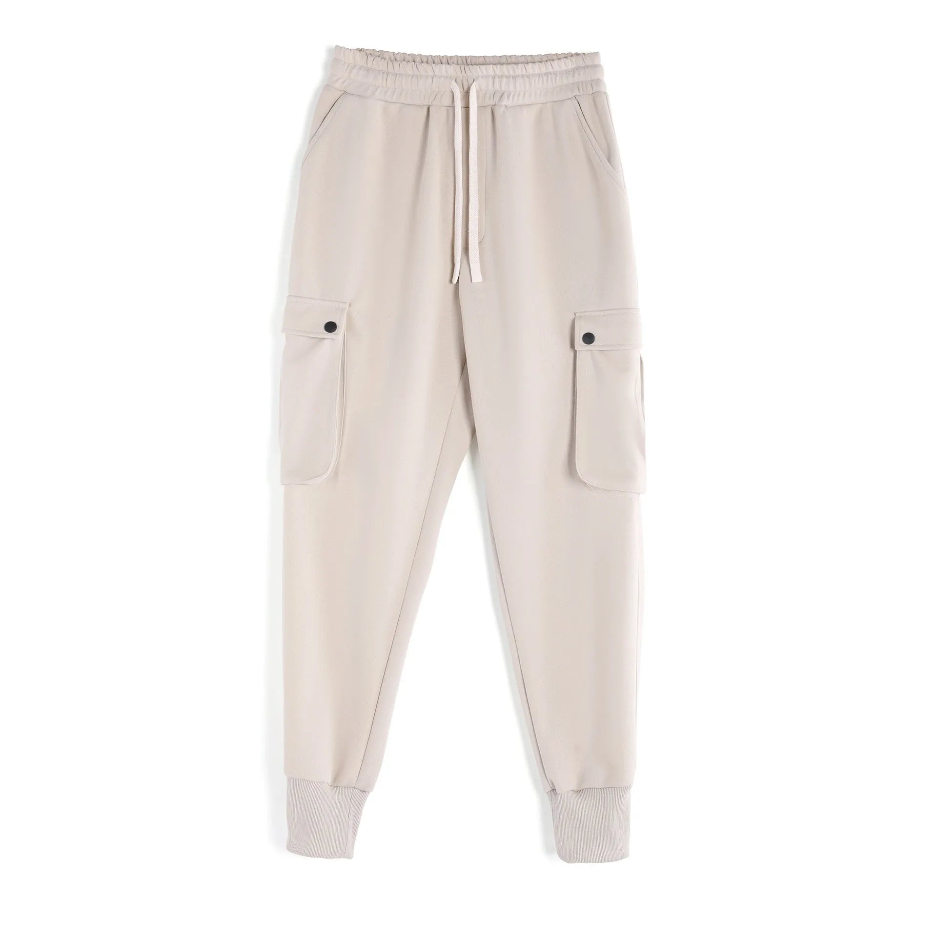 Men's loose-fit light grey cotton sports trousers with ankle tie and side pockets.