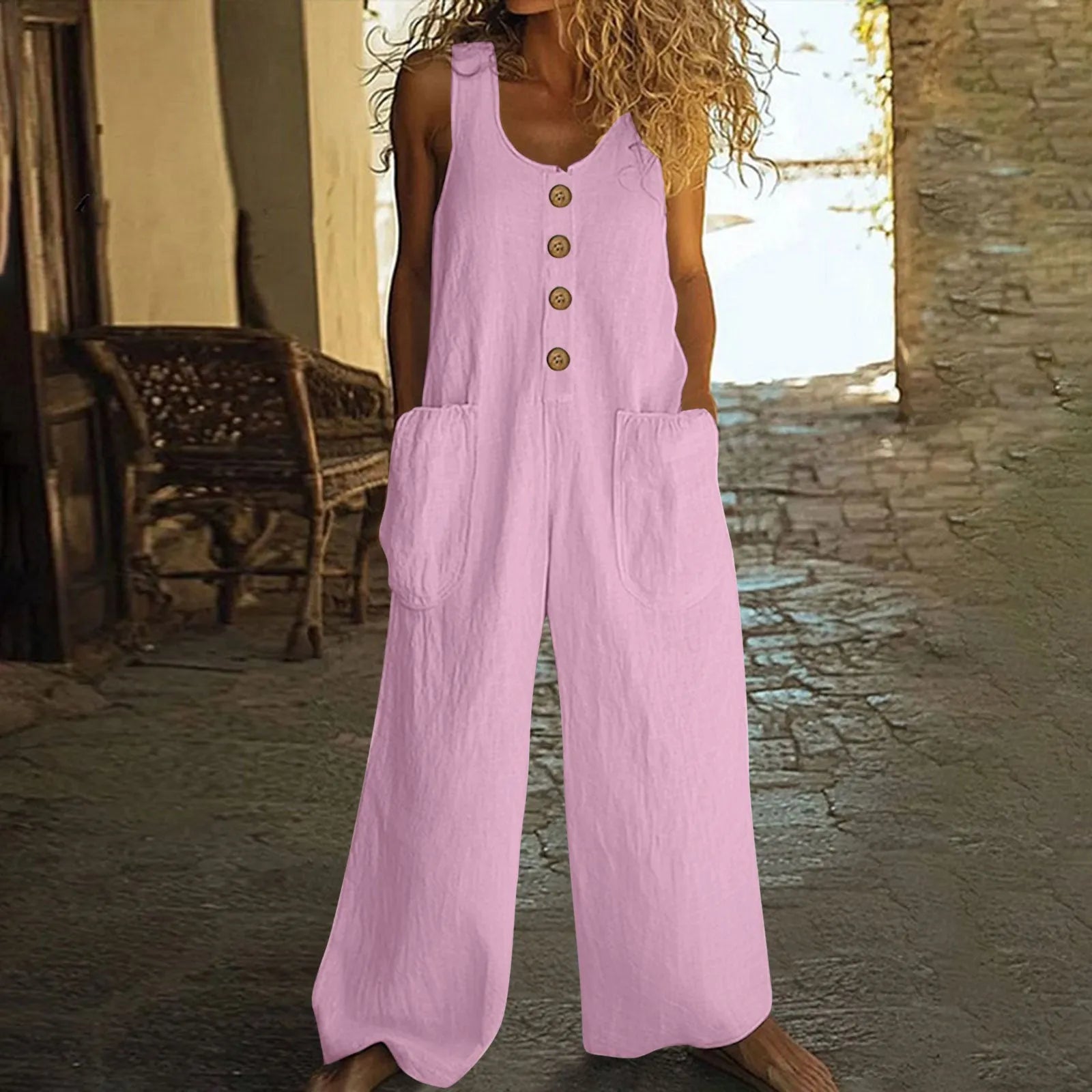 Sleevelwide leg cotton jumpsuit in Art retro style with pockets in various colours