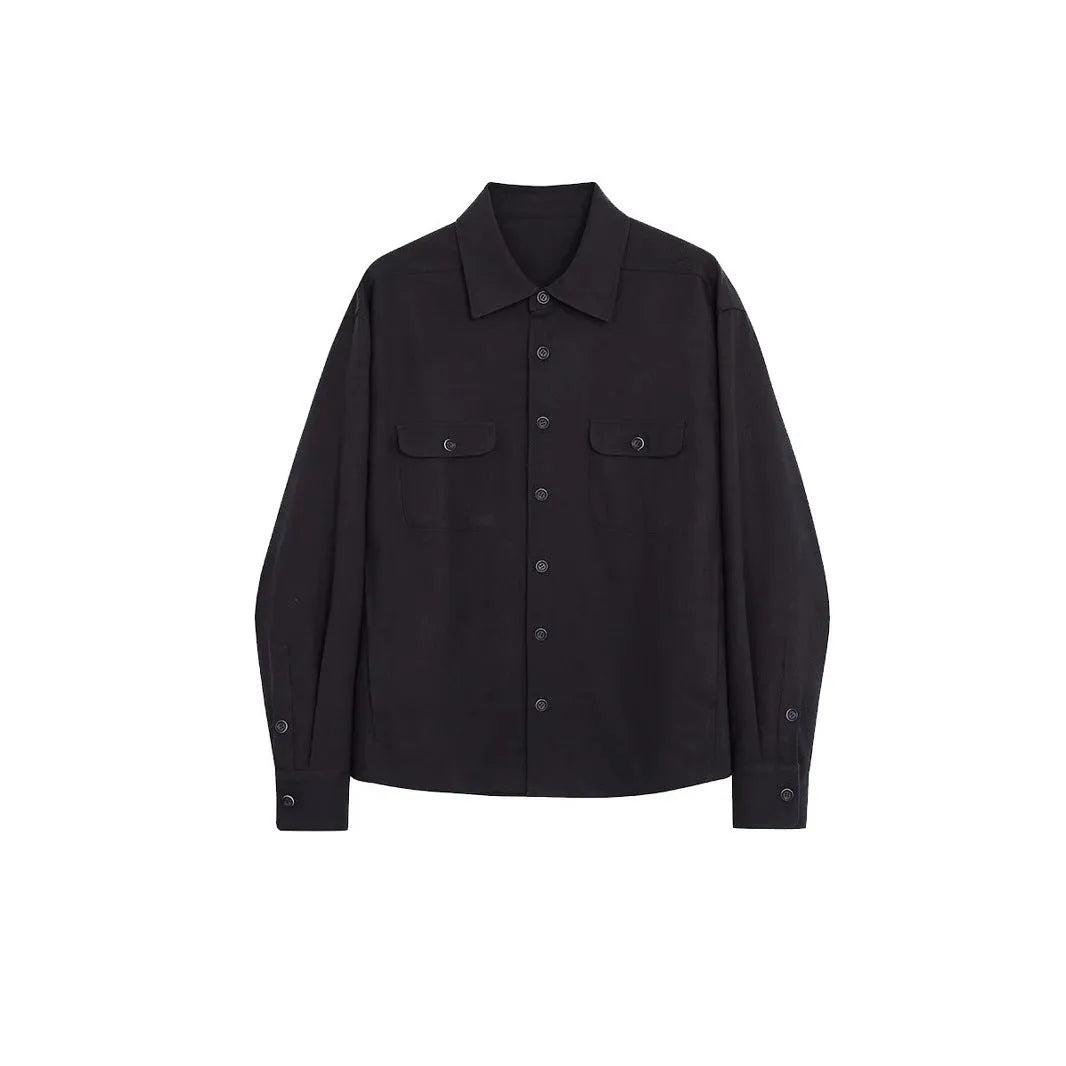 Men's long sleeve lapel shirt in light sand rice colour, showing collar detail and stitching.