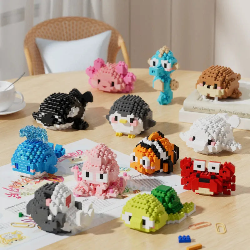 Marine small creature building blocks set of 12 plastic diamond particle models in colour box