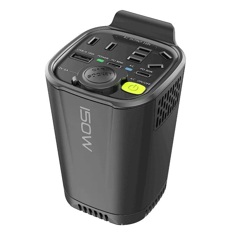 150W 12V to 110V inverter car charger with dual USB-C PD30W and USB-A 18W, fireproof ABS housing