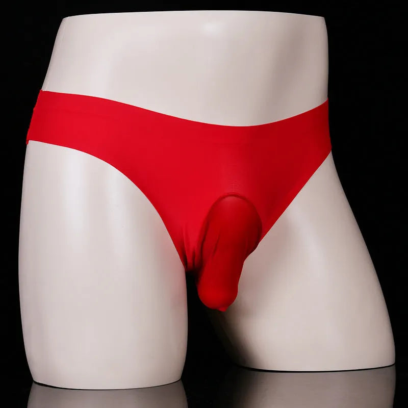 Ice silk men's briefs in T-back design showing open gun egg and closed egg mould style options