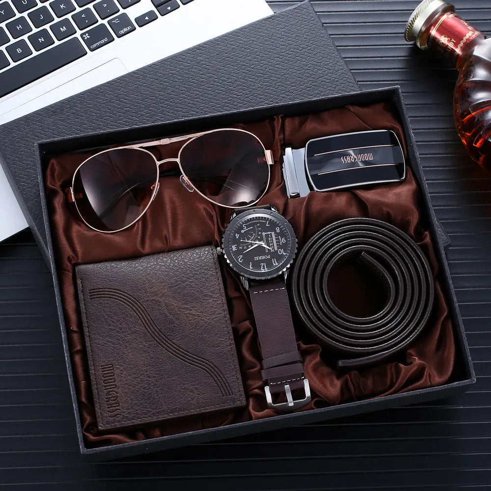 Brown watch suit set for men with watch, belt, glasses, and wallet on display