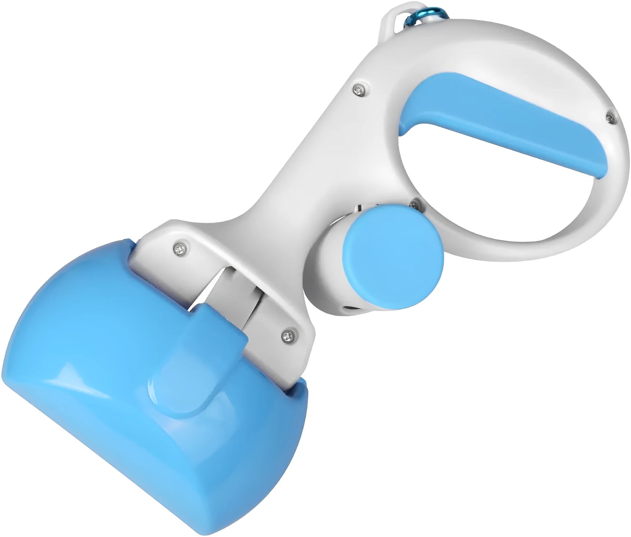 A black ABS plastic pet pooper scooper with an integrated trash bag holder and a top hook.