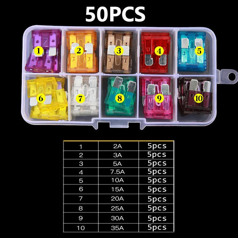 Boxed car medium plug-in fuse set with 50 or 100 medium-speed fuses for automotive electronics