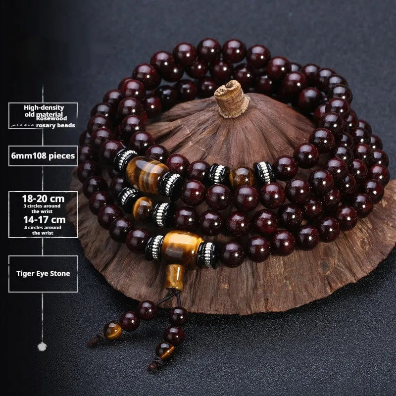 Men's rosewood bracelet with 108 beads, showing 6mm and 8mm size options alongside styles like lapis lazuli and turquoise.