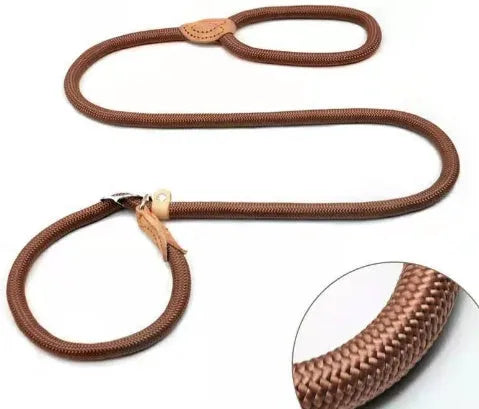 Brown dog leash with nylon P chain handle and rope section, 2.1 metres long