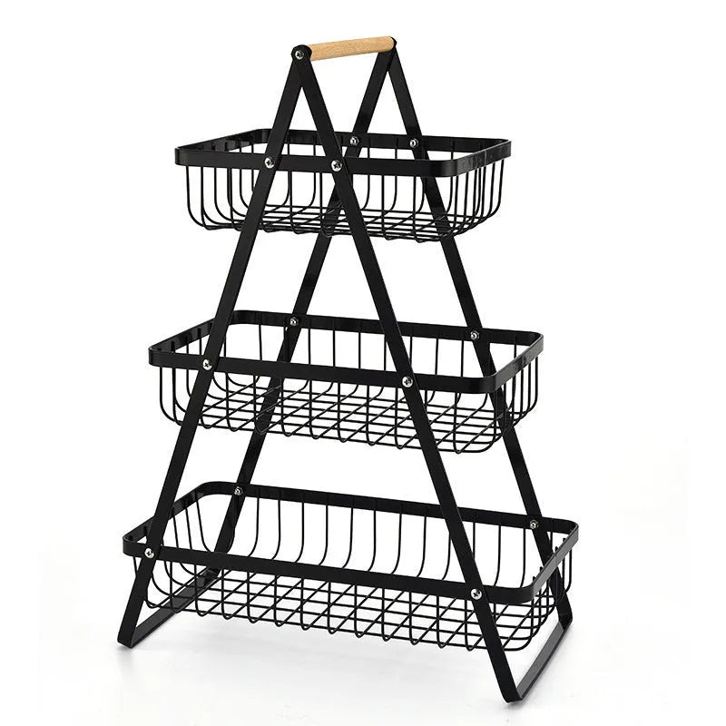 Detachable double-layer iron fruit basket with wooden handle in black on a kitchen tabletop
