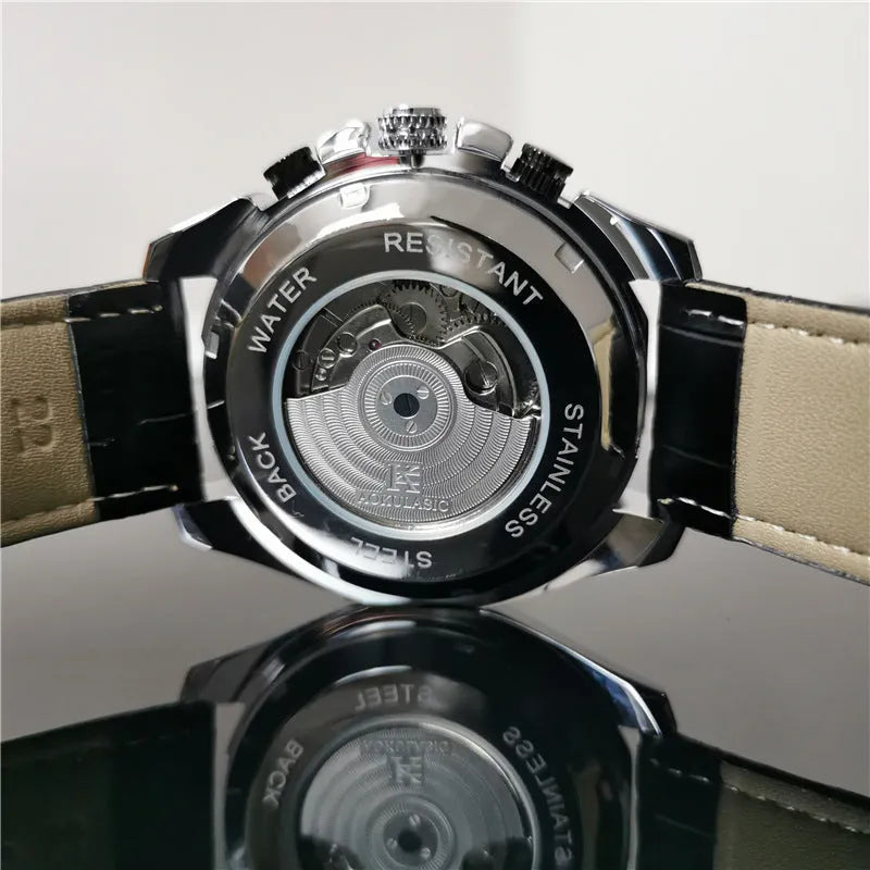 Men's automatic mechanical watch showing 12mm thickness and multiple colour options including silver, black steel, and black with gold