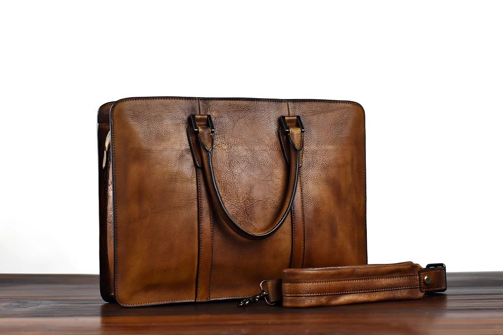 14 inch khaki vegetable tanned leather men's horizontal square handbag with zipper