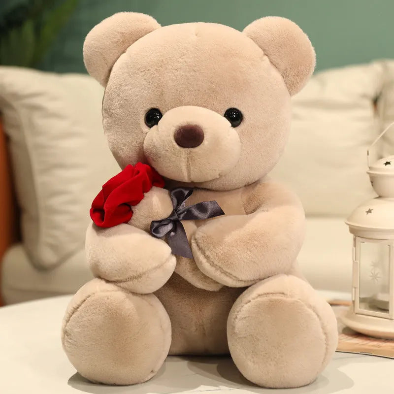 Rose bear plush pillow stuffed animal doll in beige, brown or grey with clear cartoon printing