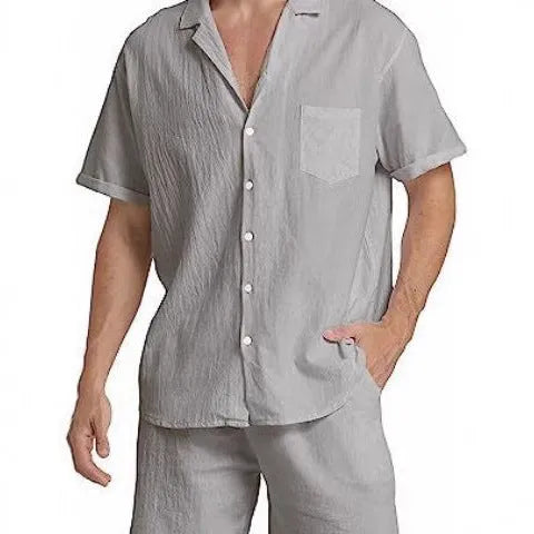 Men's flax summer sports shorts suit with short-sleeved top and matching athletic shorts
