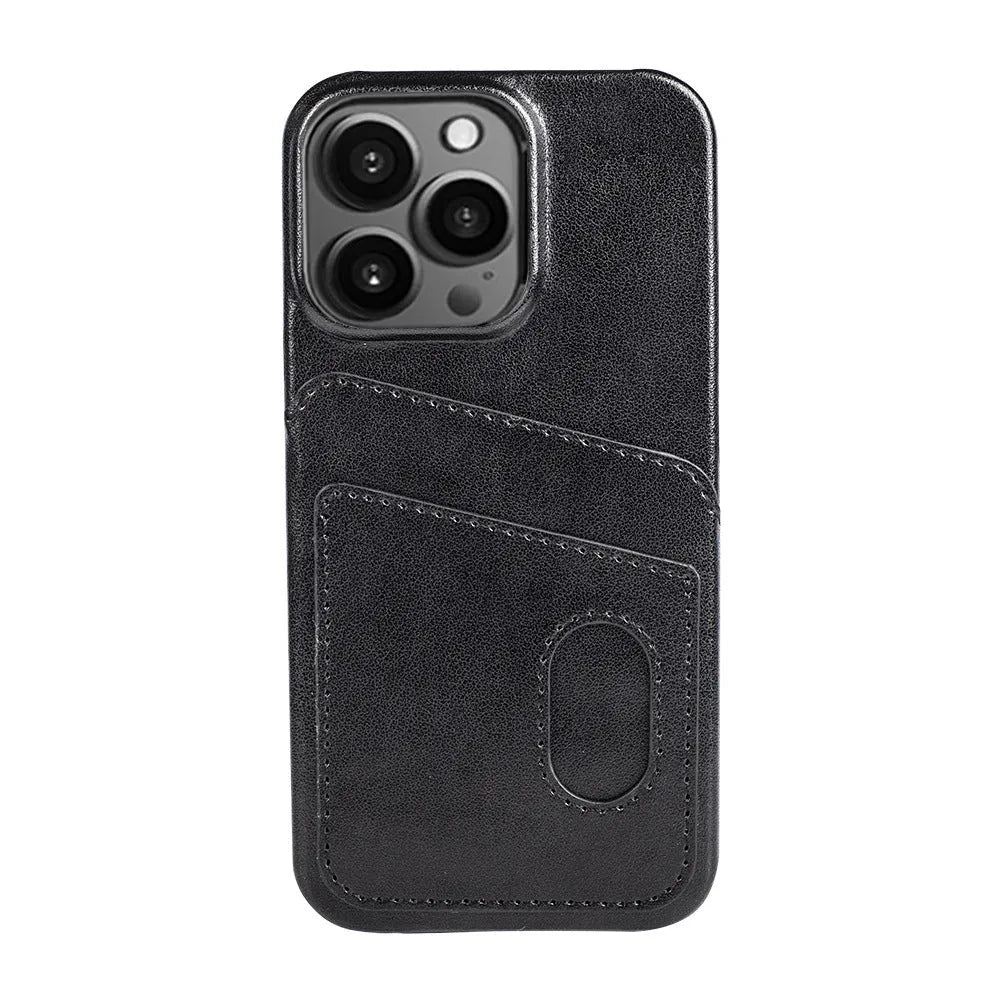 Flip PU leather phone case for iPhone showing card slot and folio cover in brown