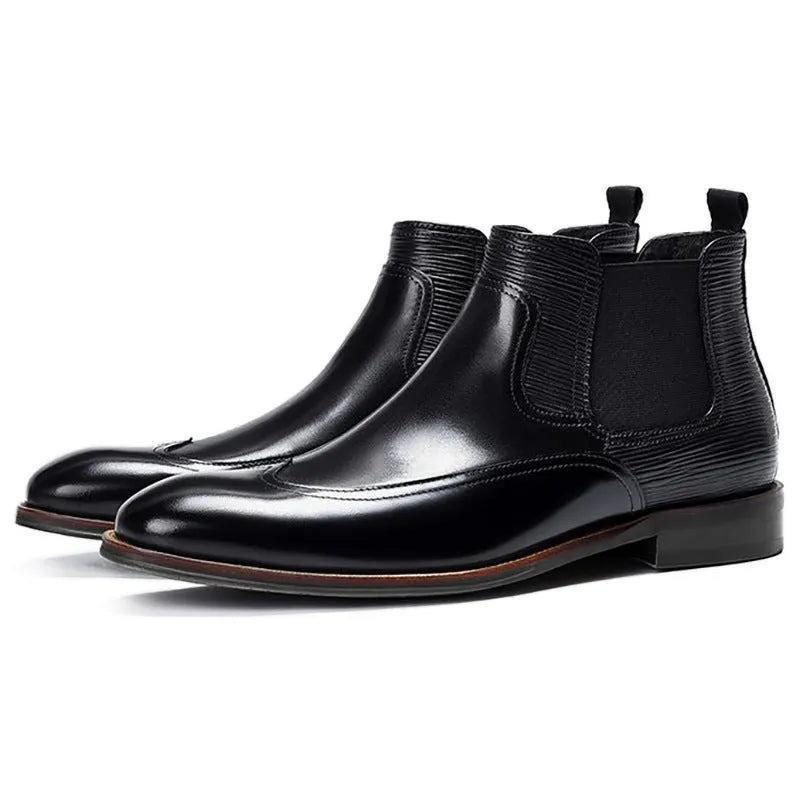 Men's colour block Chelsea boots in black with low heel, elastic band, and round toe