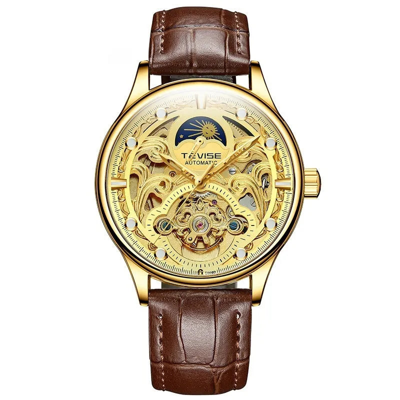 Men's gold leather strap automatic waterproof business watch with mechanical movement