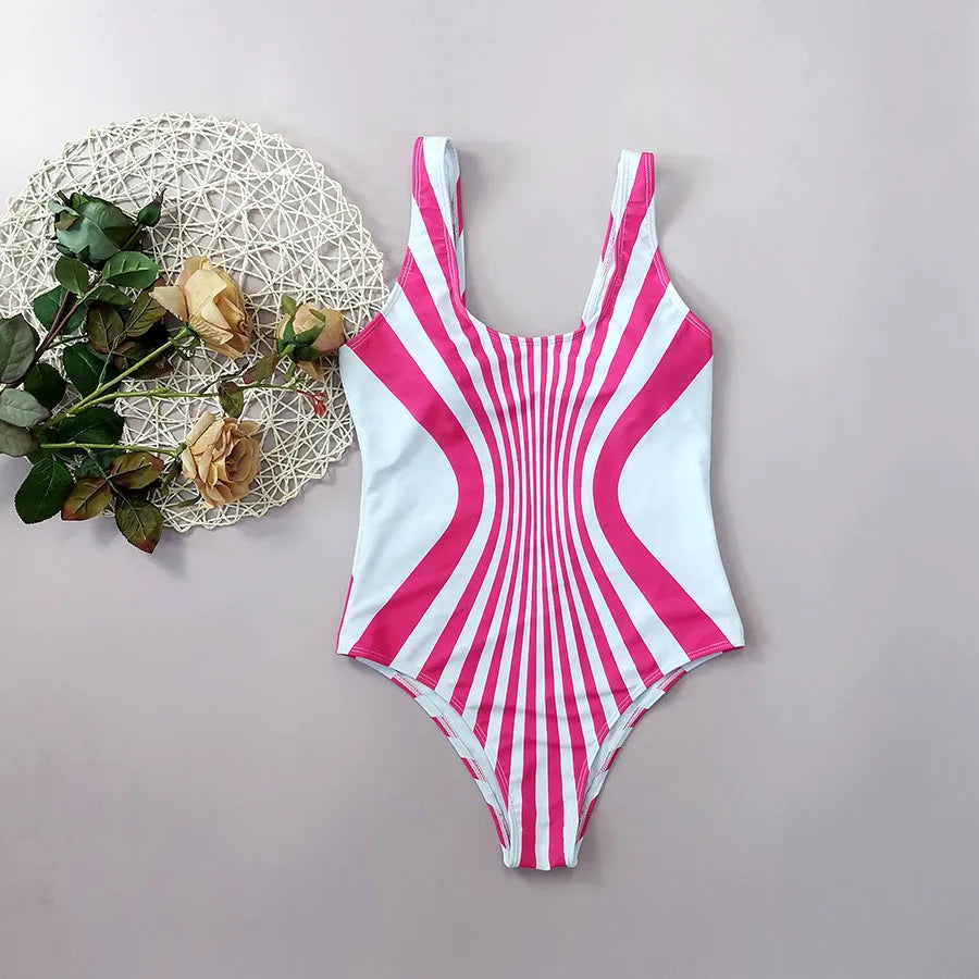 Women's pink striped one-piece swimsuit with digital printed front and rear positioning