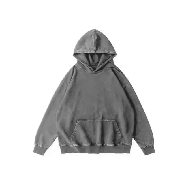 Men's retro washed loose fit cotton batik drop-shoulder pullover sweater in washing hooded brown on white background