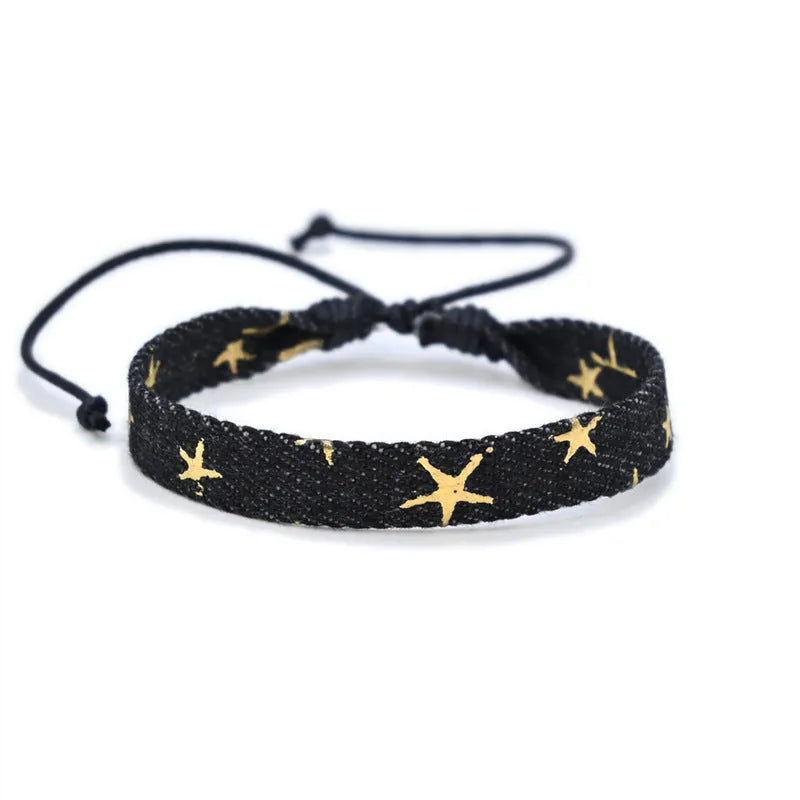 Denim fabric bracelet carrying strap with mixed materials, unisex design for travel