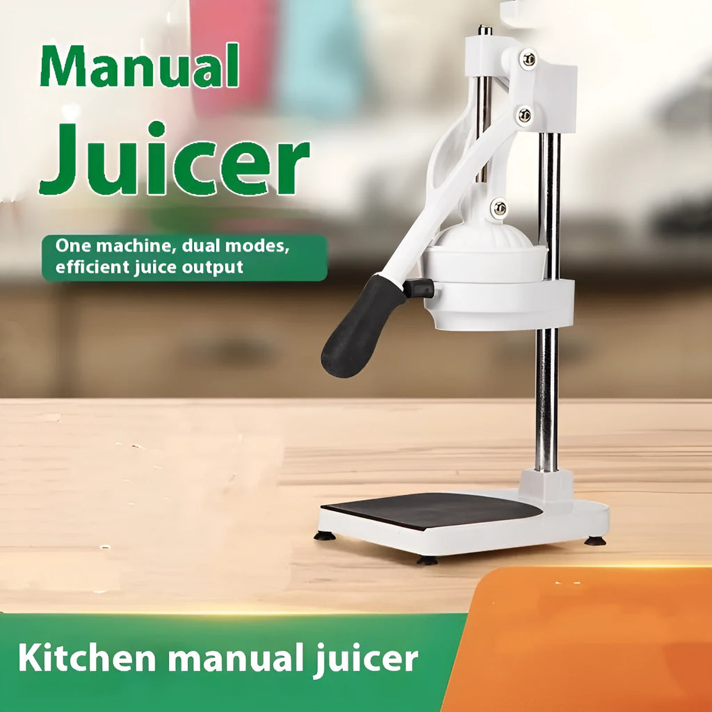 Manual stainless steel citrus juicer with 480mm long pressing arm on a countertop.