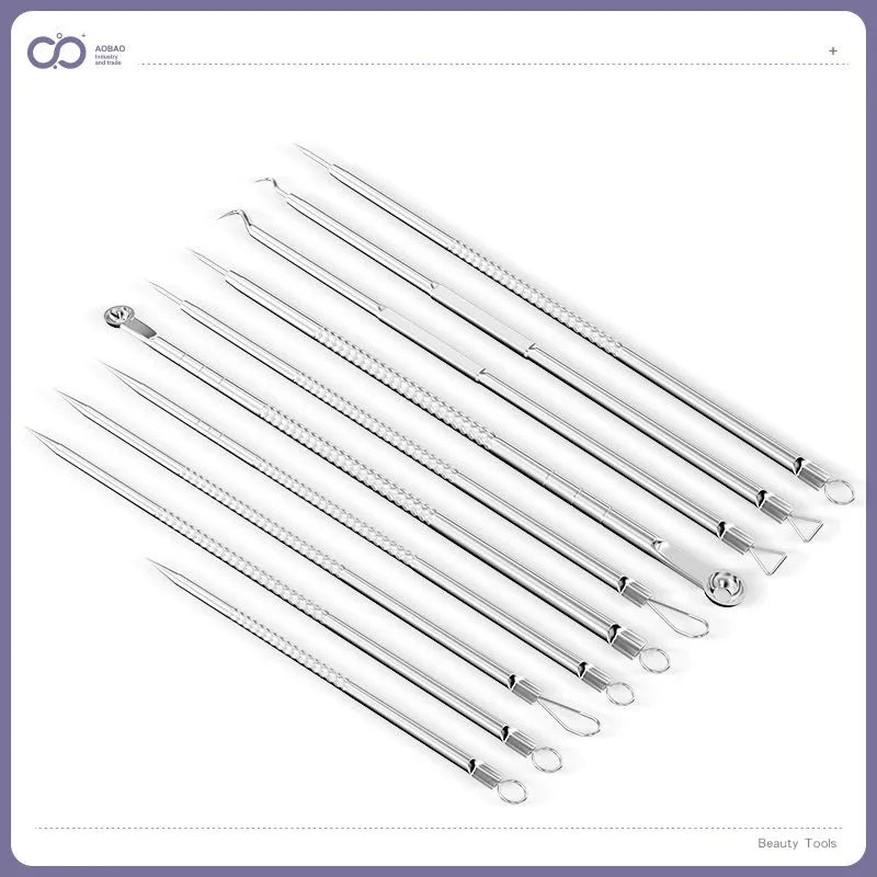 Four-piece silver metal acne needle set with fine-pointed needles and a clip for skin blemish removal.