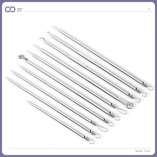 Four-piece silver metal acne needle set with fine-pointed needles and a clip for skin blemish removal.