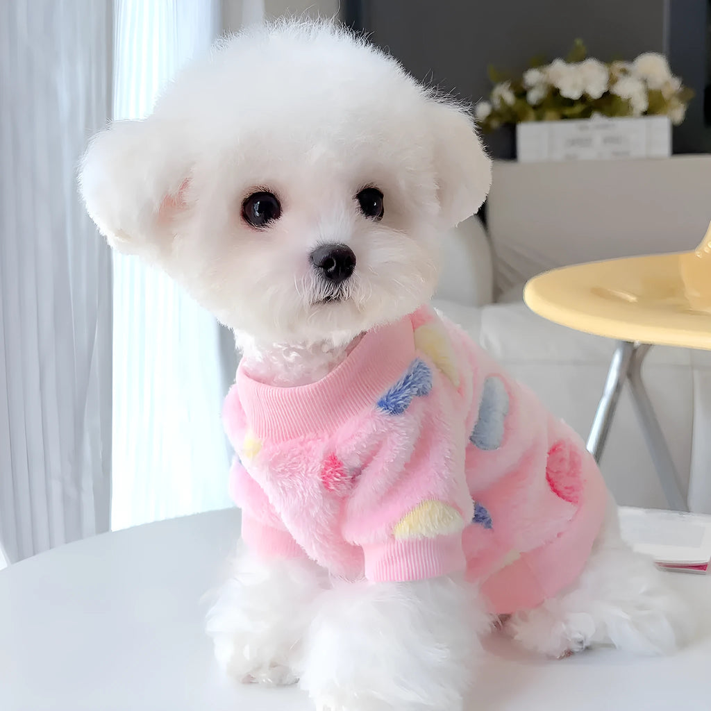 Flannel pet clothing in pink love pattern on a light background, cotton material, available from XS to XXL