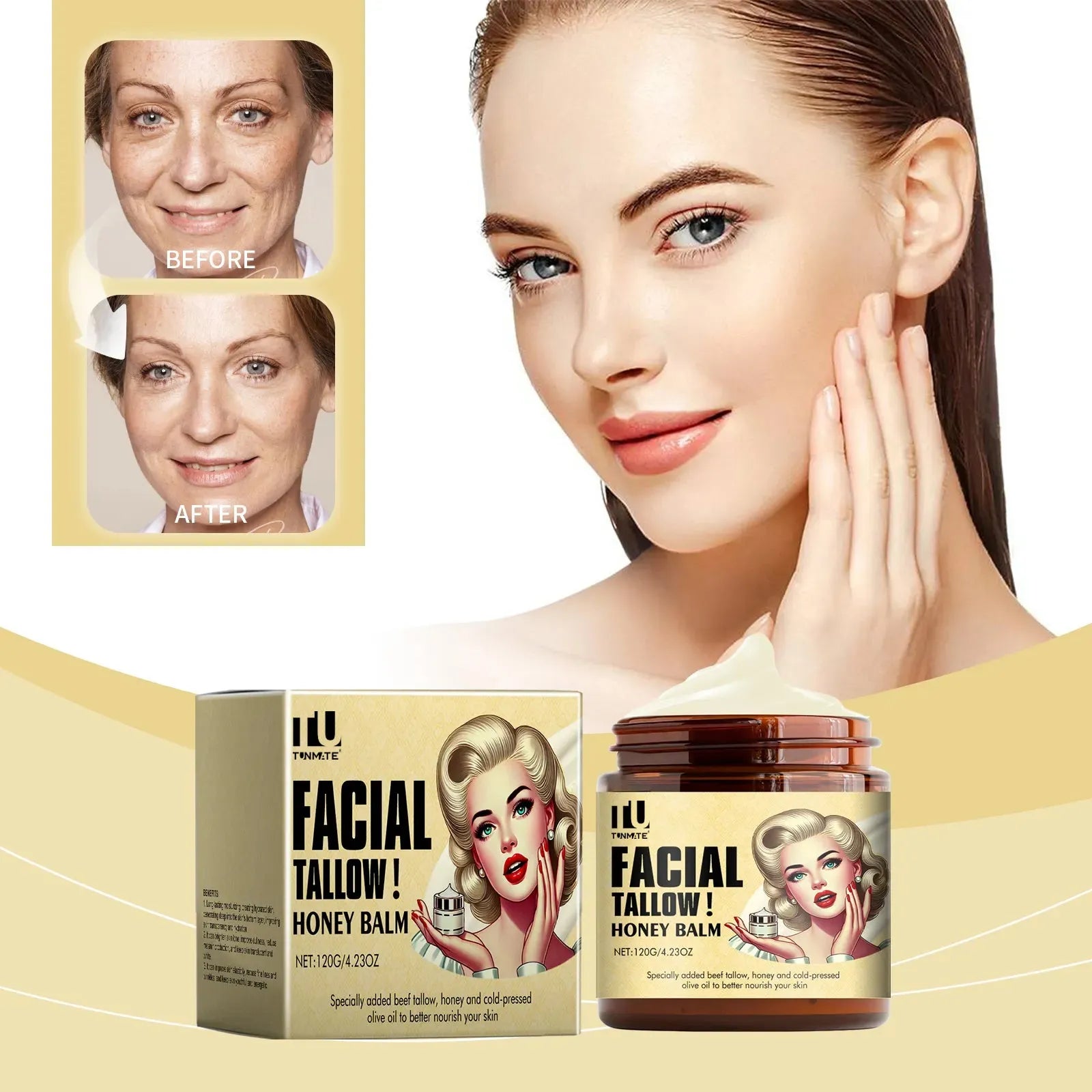Beef tallow skincare balm in a 120g container, whipped grass fed tallow moisturiser for face and body