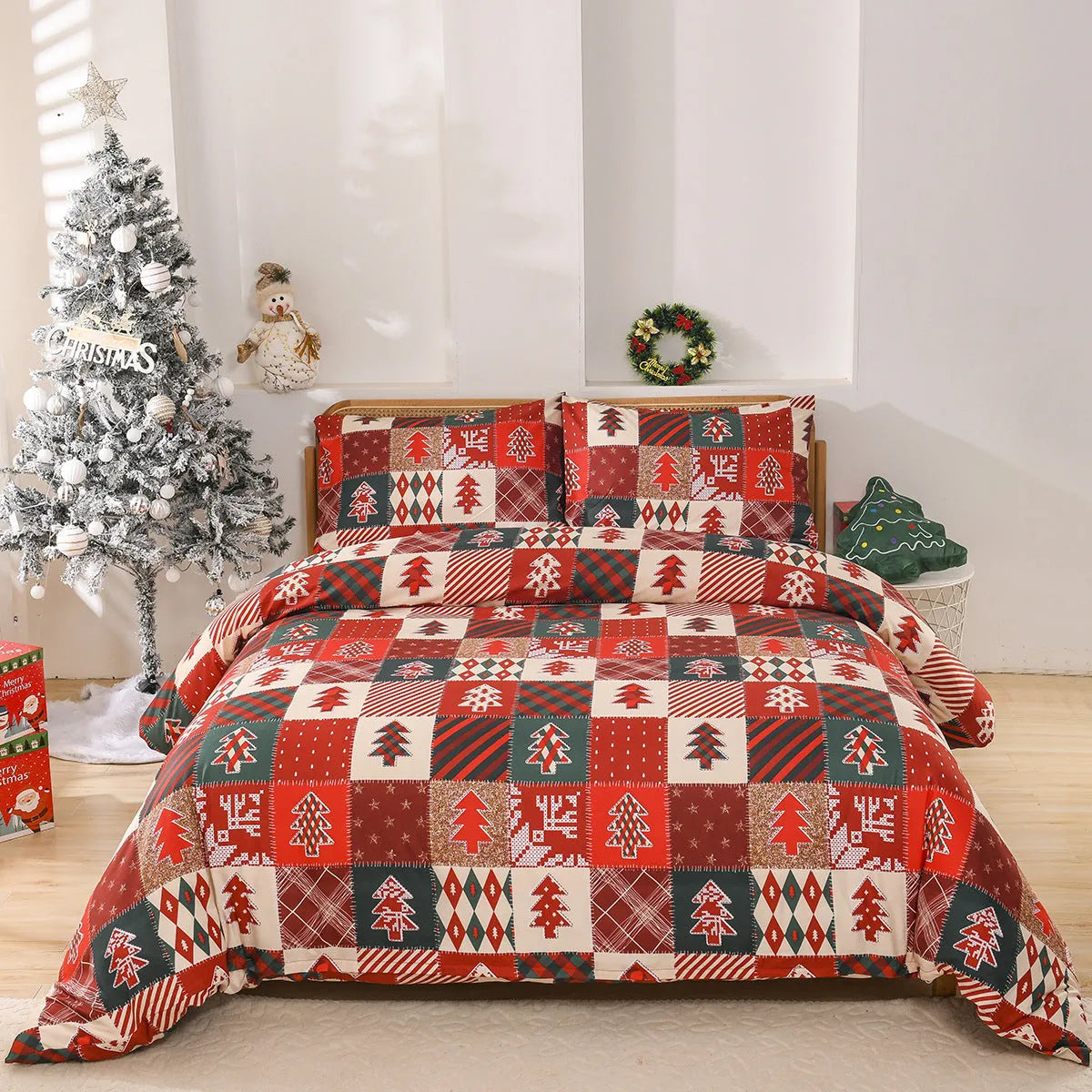Christmas red plaid pattern European style bedding three-piece set with quilt cover and pillowcases.