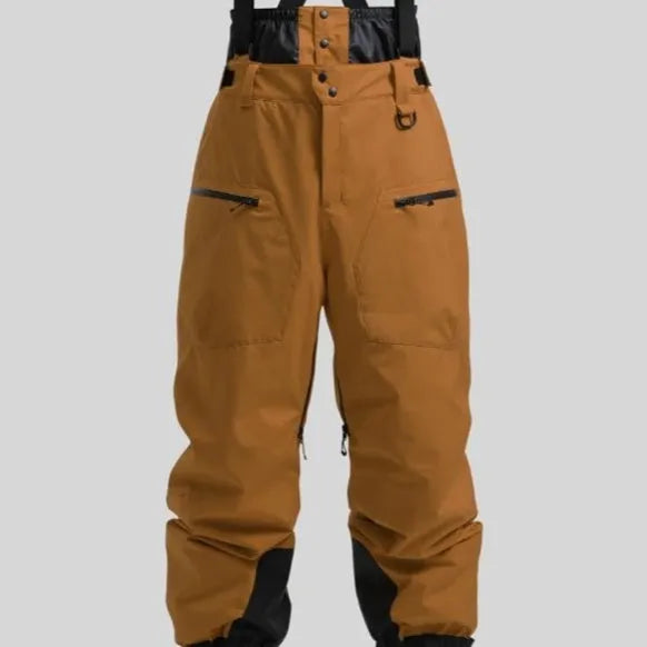 Men's black waterproof ski trousers with thickened straps and flame-retardant linen fabric.