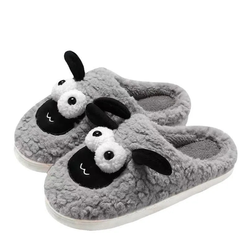 Brown, grey, and white suede and PVC slip-on slippers for indoor home use.