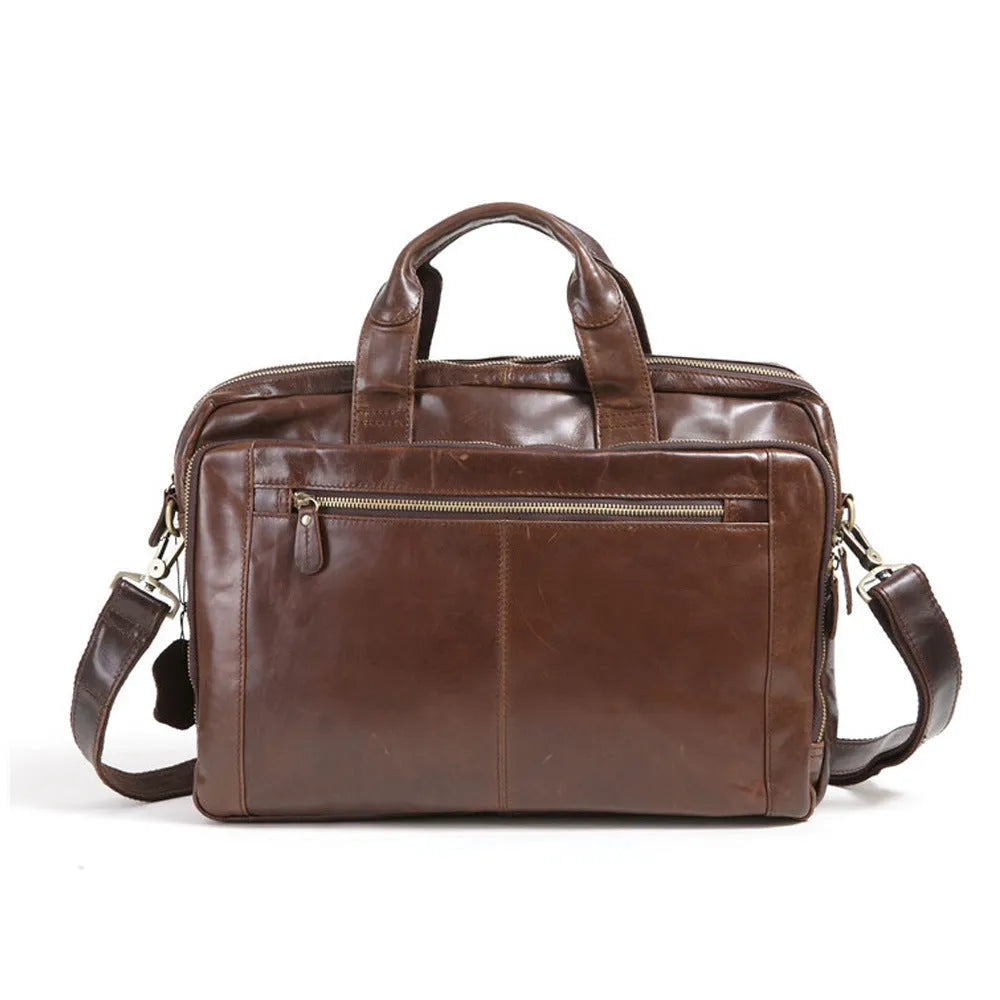 Brown 18 inch men's business briefcase made from first layer cowhide leather