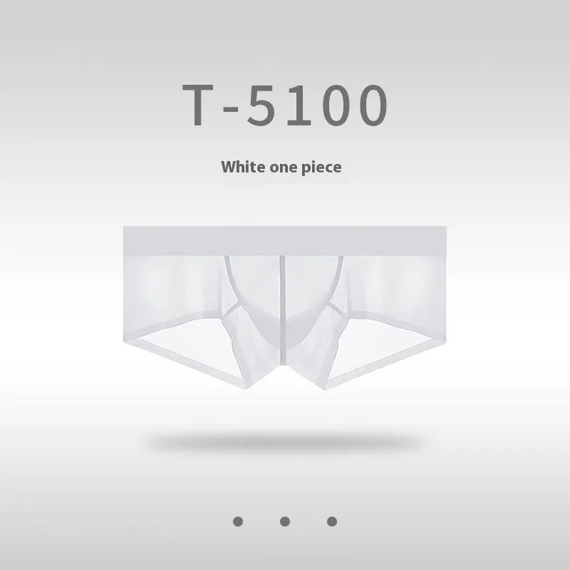 Men's low waist seamless underwear in sheer ice silk nylon fabric, shown in multiple colours.