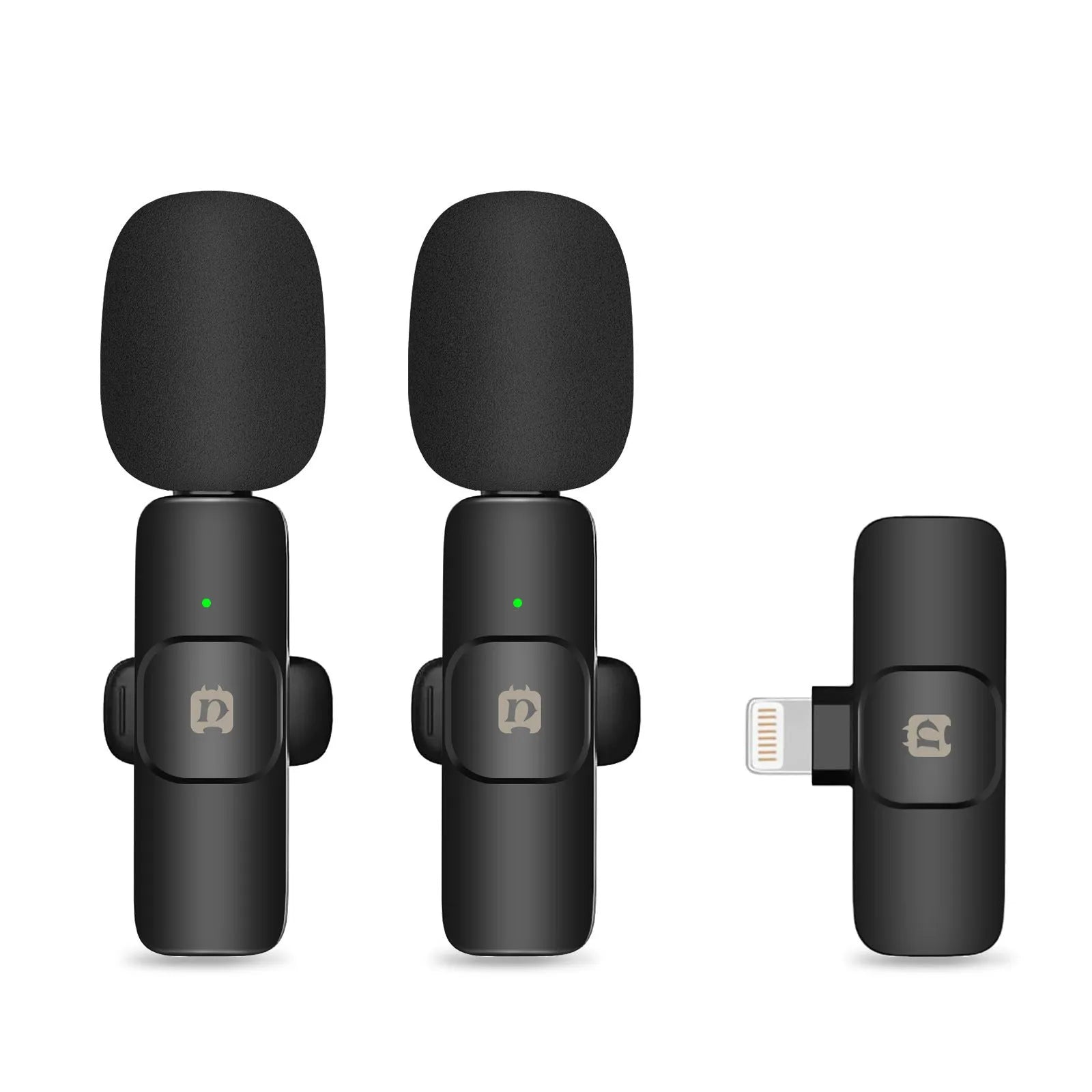 Wireless carbon fibre neckline clip microphone transmitter on a black background with storage box and accessories