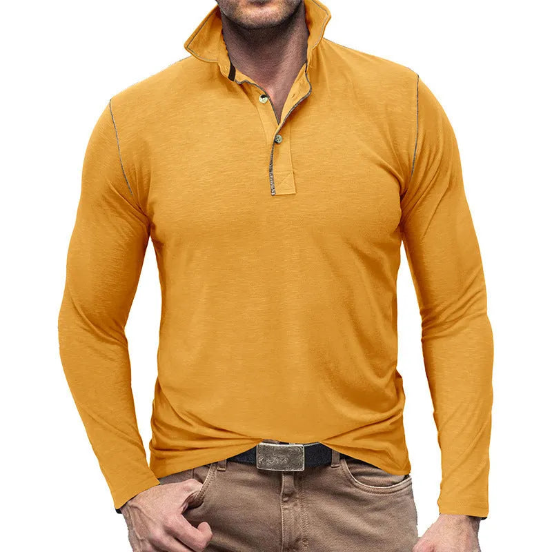 Men's Henley shirt in slub cotton blend with buttoned lapel collar, long sleeves, in army green colour