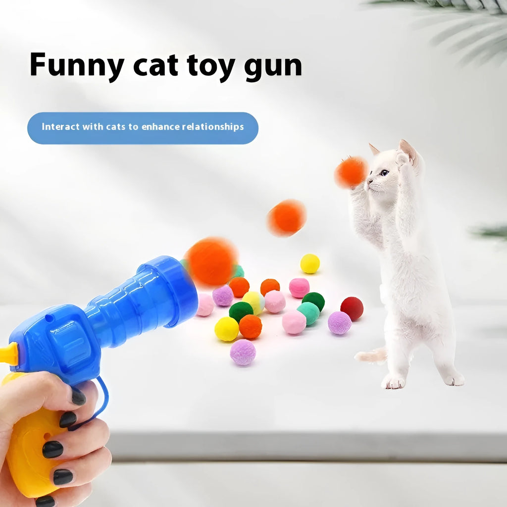 Plush pet launch gun with soft yarn balls for interactive cat and dog play sessions