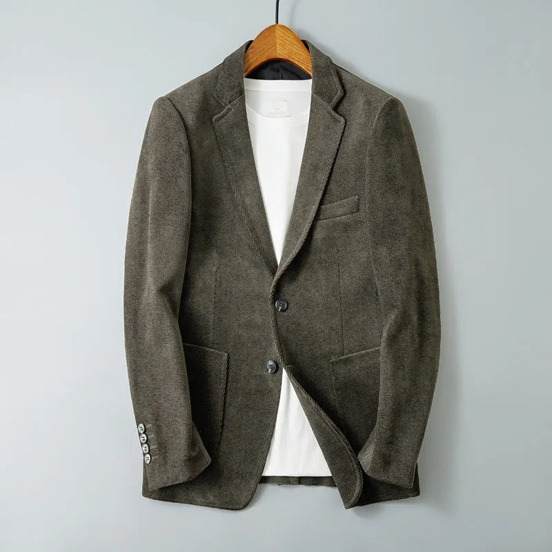 Slim-fit single-breasted polyester jacket in khaki, Korean style, long sleeves, straight hem