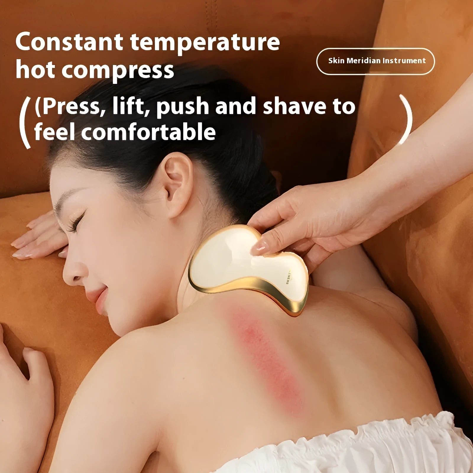 Electric scrapping plate massage tool with USB charging cable in golden yellow finish