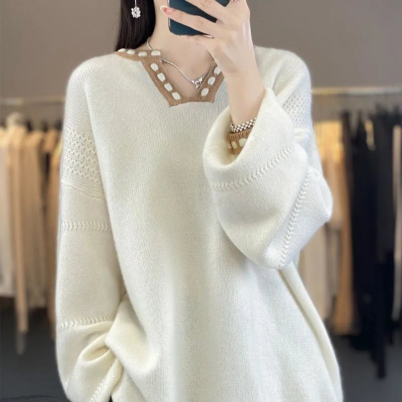 Women's V-neck pullover sweater in viscose fibre available in white and camel colours