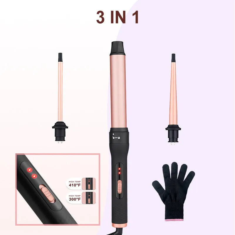 Three-tube water wave hair curler with three heated barrels for curly and straight hairstyling