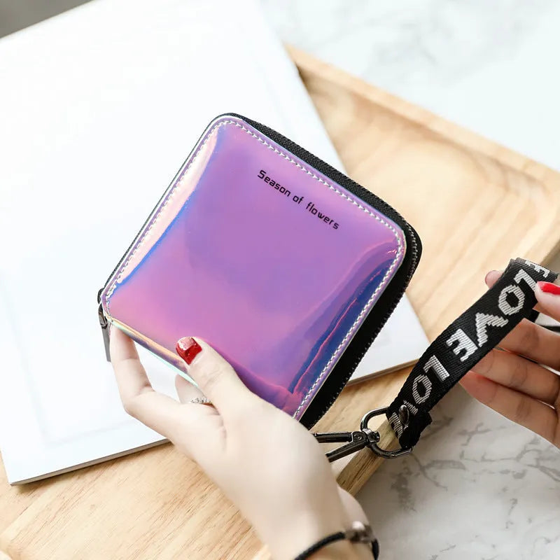 Short folding Korean style women's wallet in PU leather, shown in crystal blue colour