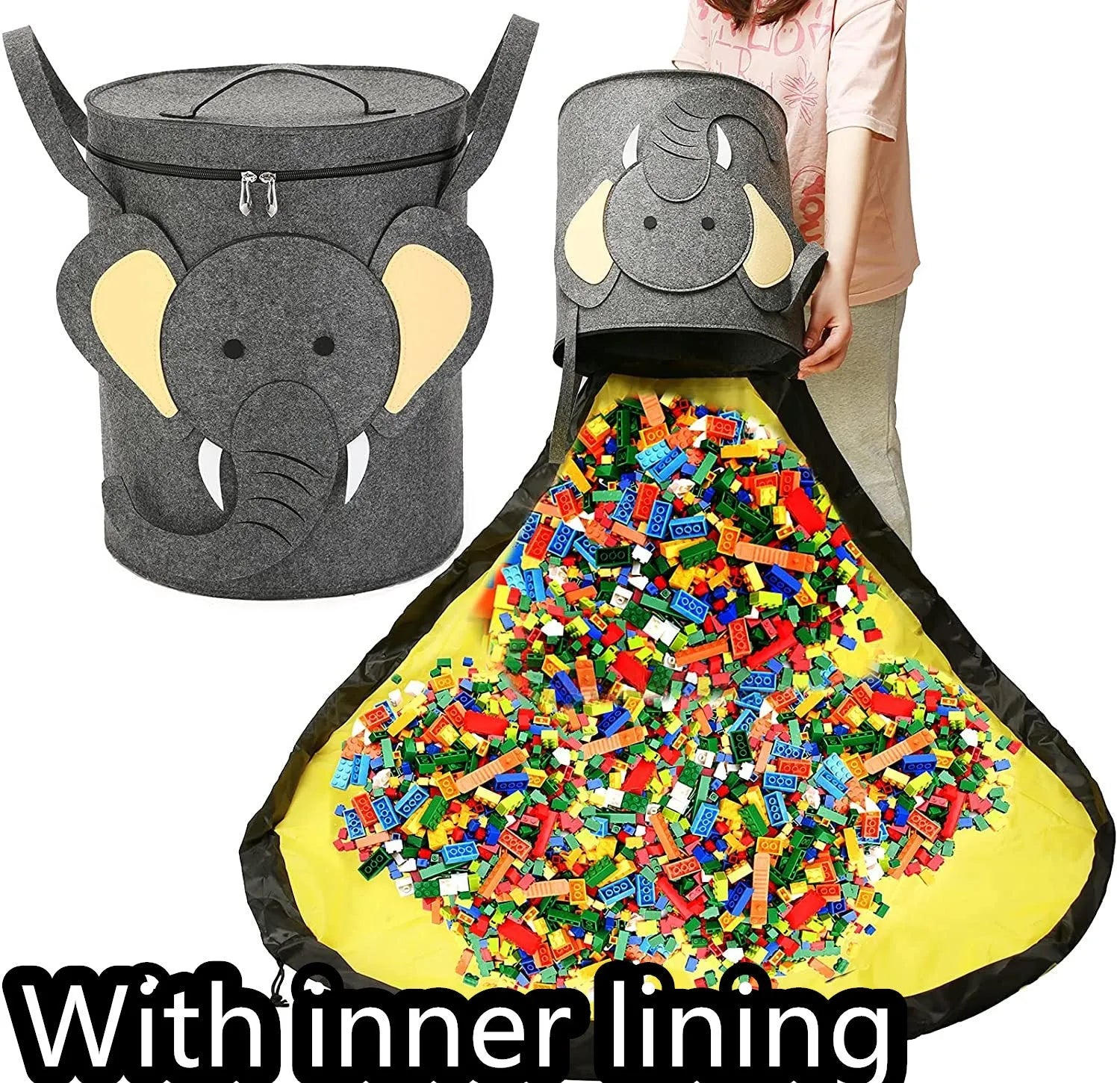 Green felt storage bag cinched closed with pull rope, shown next to it laid flat as a play mat