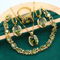 Women's zircon jewellery set with electroplated copper necklace, earrings, and ring in olive green or red colours