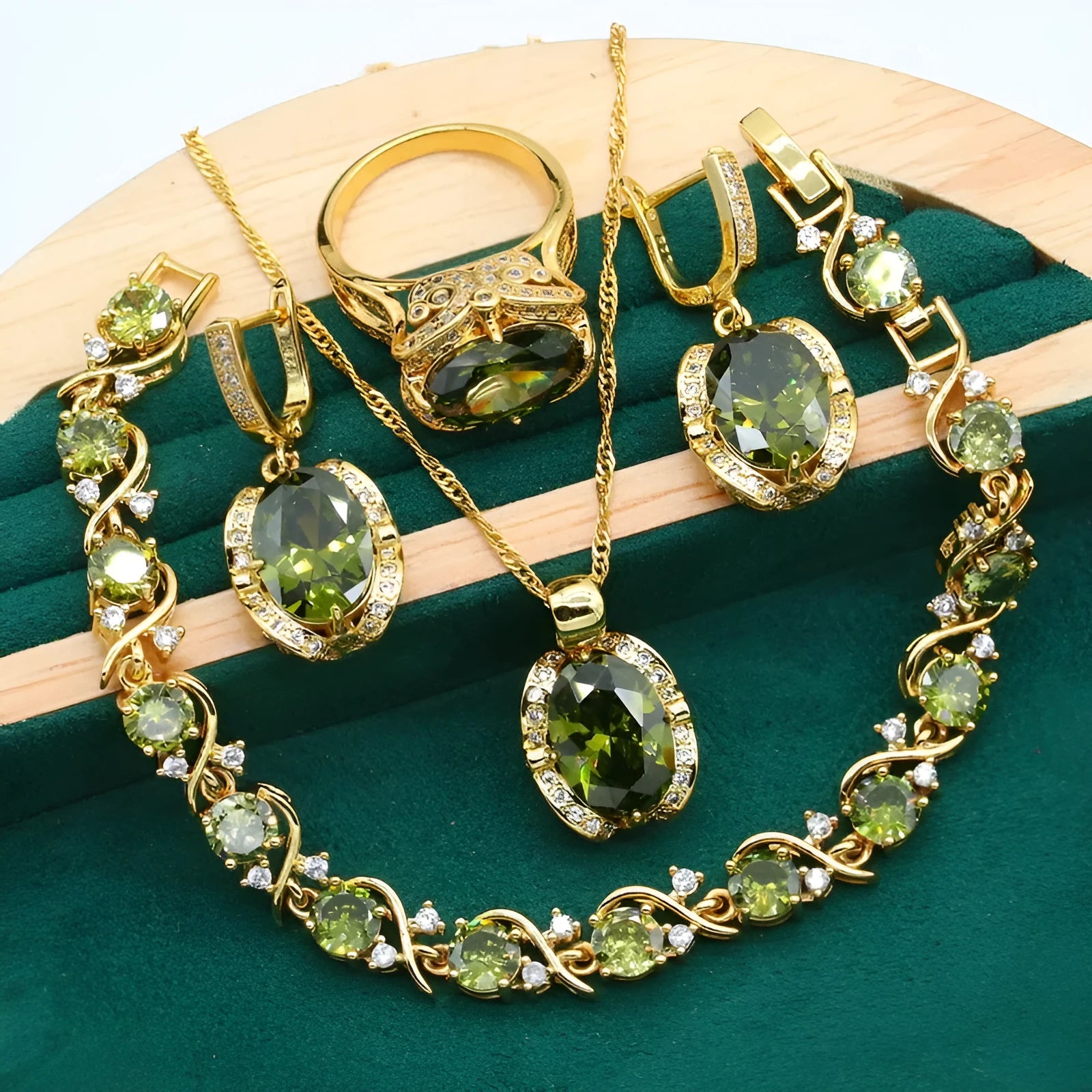 Women's zircon jewellery set with electroplated copper necklace, earrings, and ring in olive green or red colours