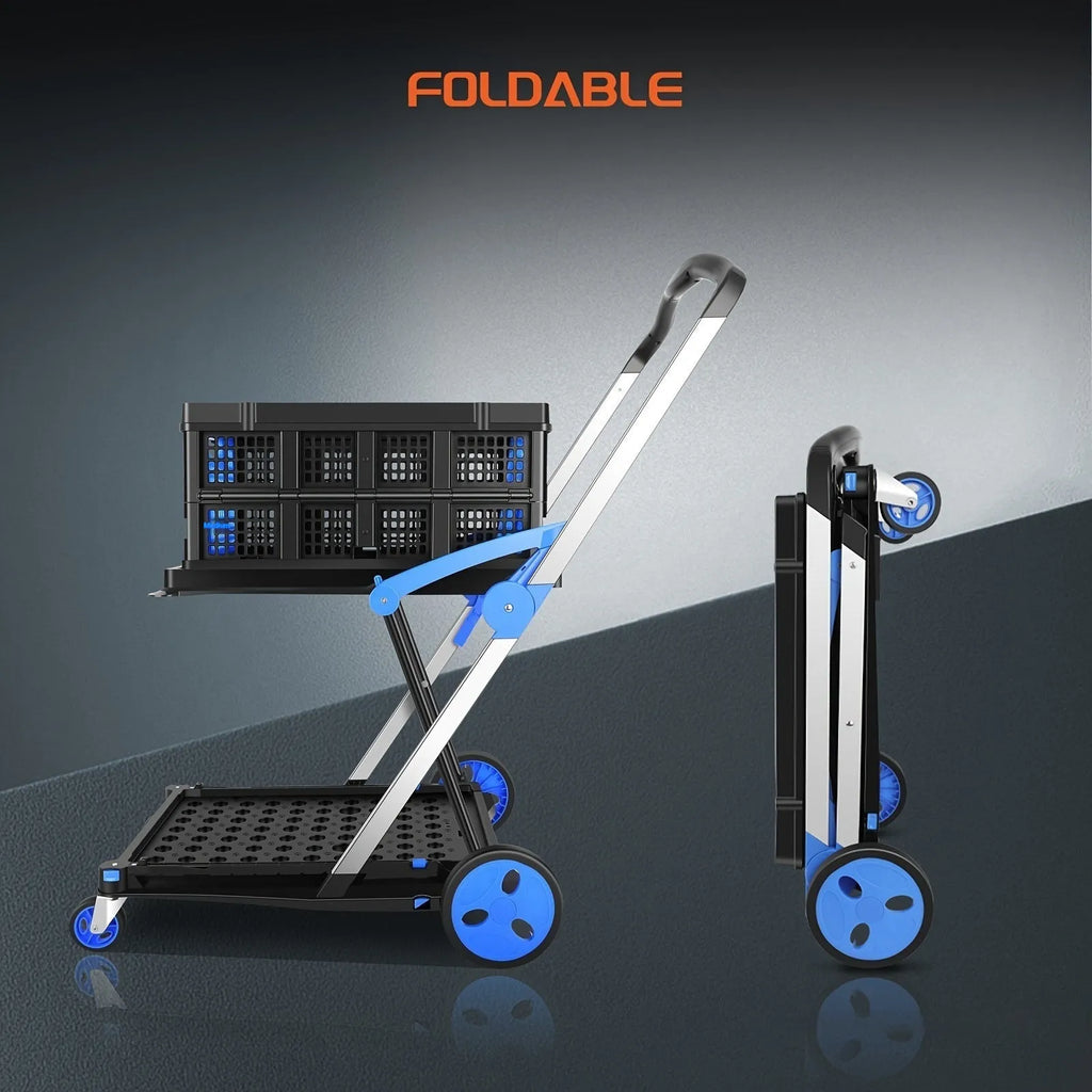 Blue foldable shopping cart with double plastic baskets collapsed for storage