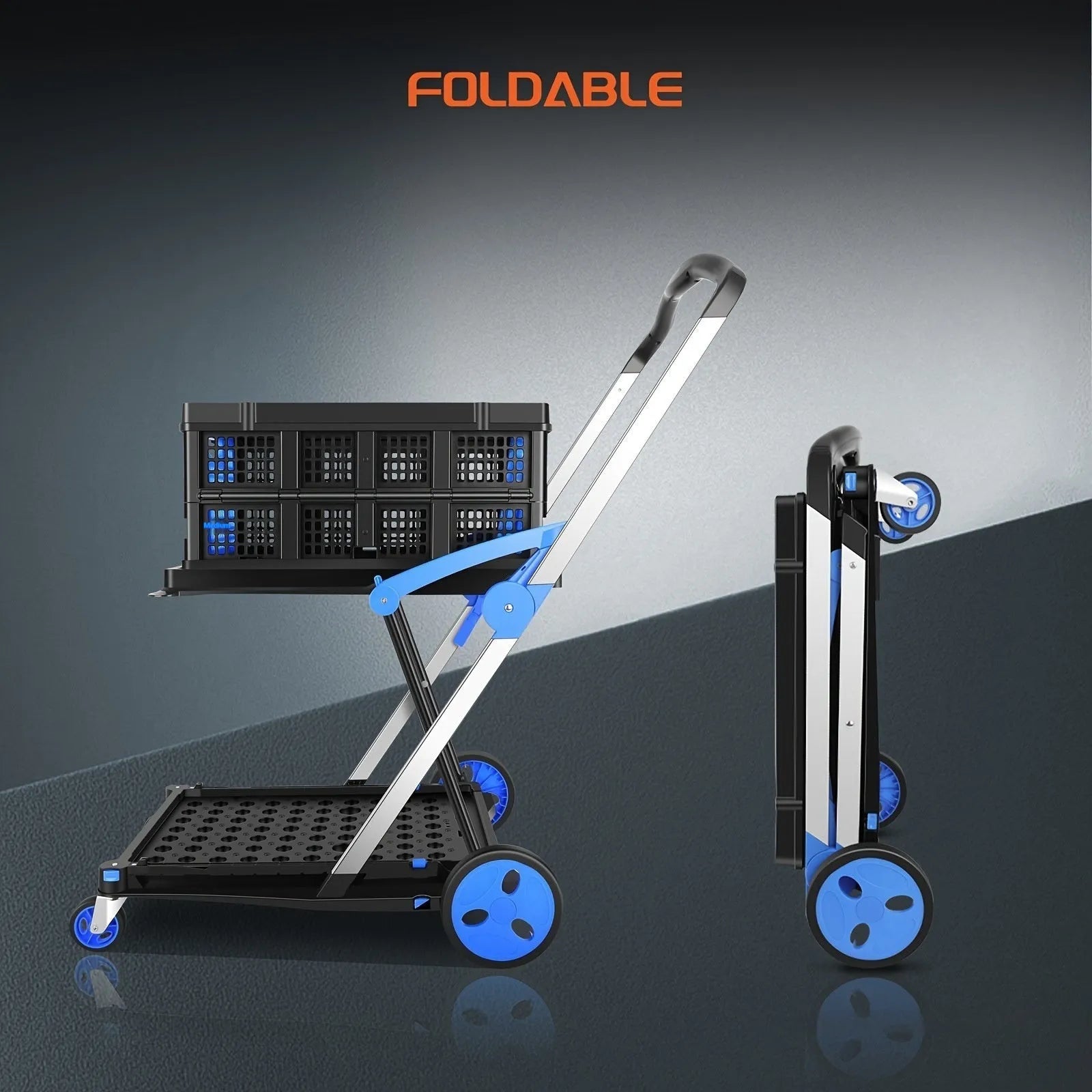 Blue foldable shopping cart with double plastic baskets collapsed for storage