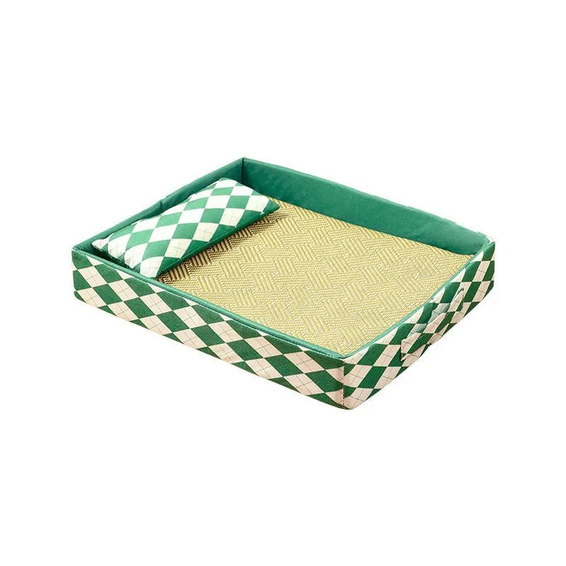 Blue rattan cooling mat cat bed for kittens and adult cats on a wooden floor.
