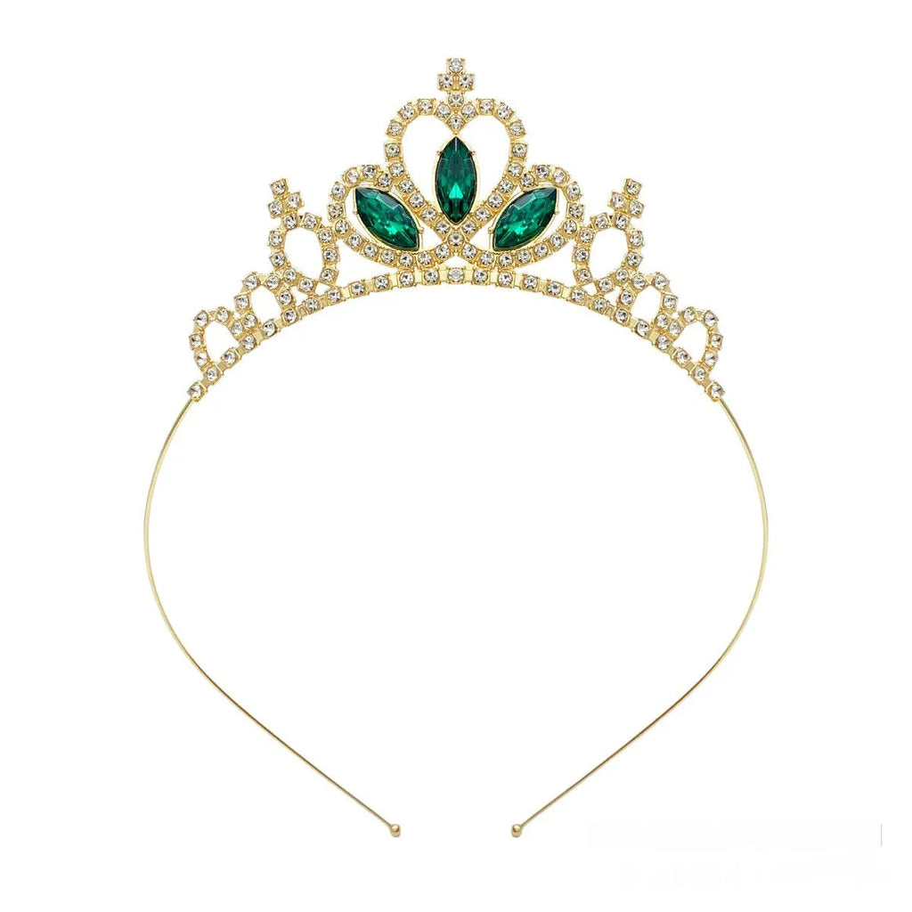Gold and silver electroplated alloy princess crown headdress for girls with coloured diamond embellishments.