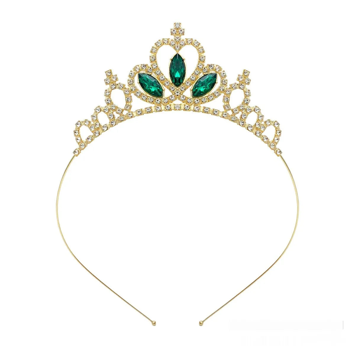Gold and silver electroplated alloy princess crown headdress for girls with coloured diamond embellishments.